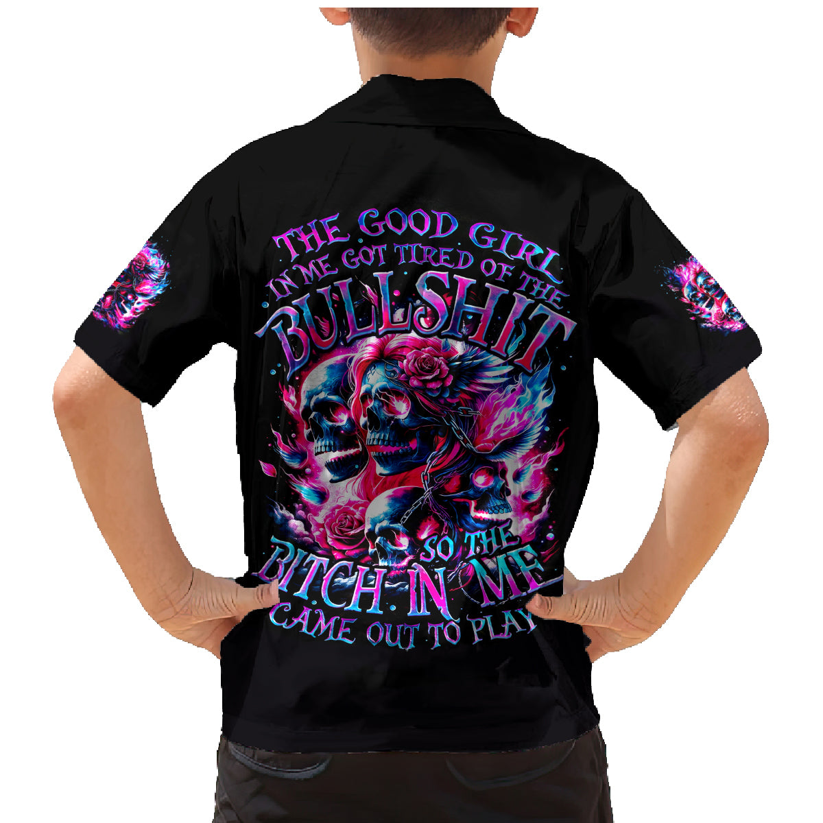 Flame Skull Family Matching Mermaid Dress and Hawaiian Shirt The Good Girl In Me Got Tired Of The Bullshit - Wonder Print Shop