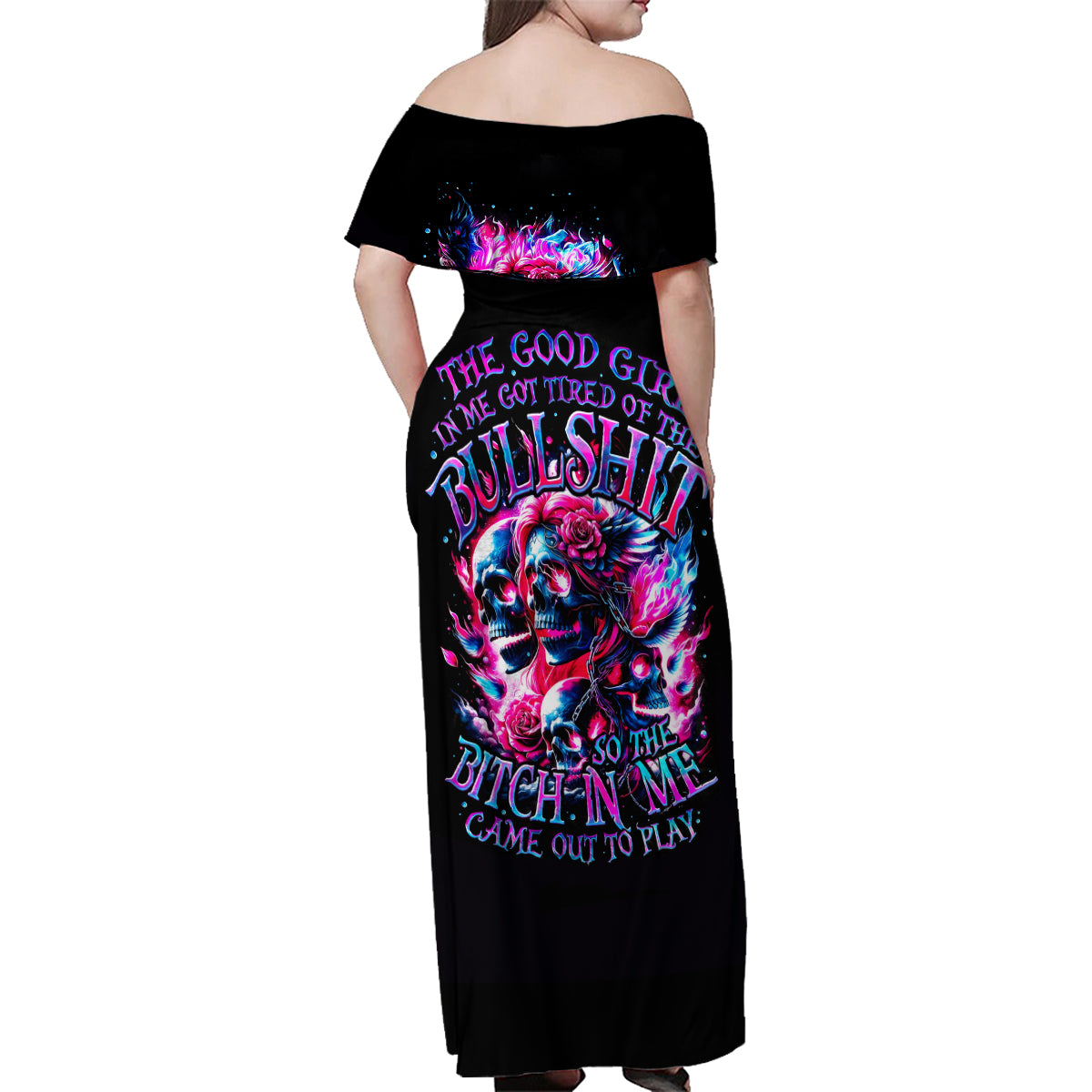 Flame Skull Family Matching Off Shoulder Maxi Dress and Hawaiian Shirt The Good Girl In Me Got Tired Of The Bullshit - Wonder Print Shop