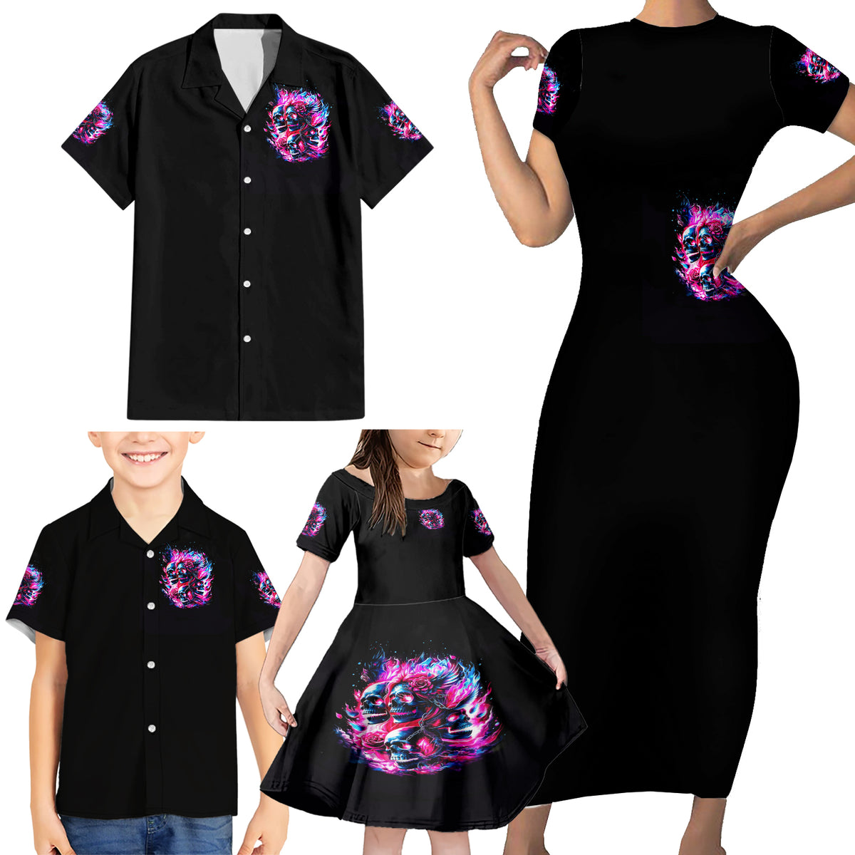Flame Skull Family Matching Short Sleeve Bodycon Dress and Hawaiian Shirt The Good Girl In Me Got Tired Of The Bullshit - Wonder Print Shop