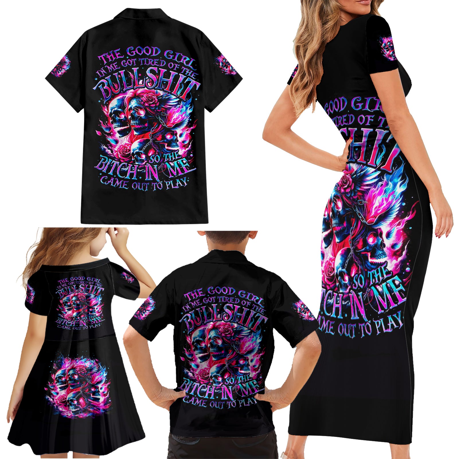Flame Skull Family Matching Short Sleeve Bodycon Dress and Hawaiian Shirt The Good Girl In Me Got Tired Of The Bullshit - Wonder Print Shop