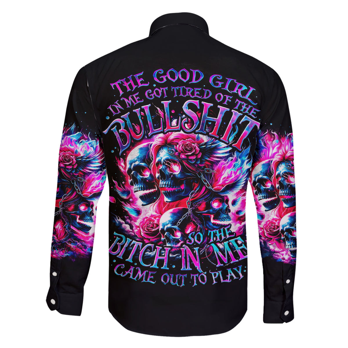 Flame Skull Family Matching Short Sleeve Bodycon Dress and Hawaiian Shirt The Good Girl In Me Got Tired Of The Bullshit - Wonder Print Shop