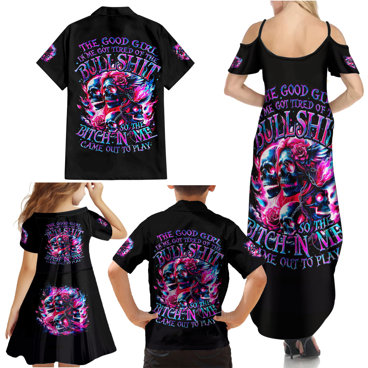 Flame Skull Family Matching Summer Maxi Dress and Hawaiian Shirt The Good Girl In Me Got Tired Of The Bullshit - Wonder Print Shop
