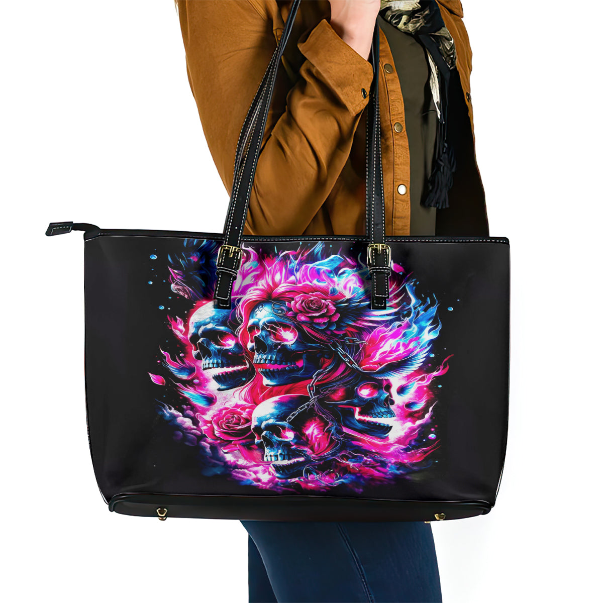 Flame Skull Leather Tote Bag The Good Girl In Me Got Tired Of The Bullshit - Wonder Print Shop