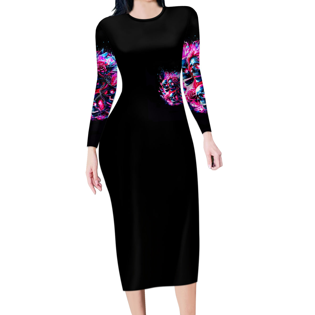 Flame Skull Long Sleeve Bodycon Dress The Good Girl In Me Got Tired Of The Bullshit - Wonder Print Shop