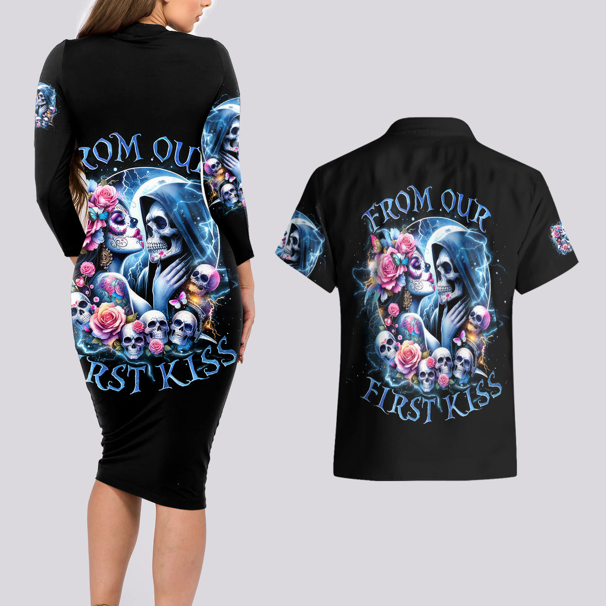 Couple Skull Couples Matching Long Sleeve Bodycon Dress and Hawaiian Shirt From Our Firse Kiss - Wonder Print Shop