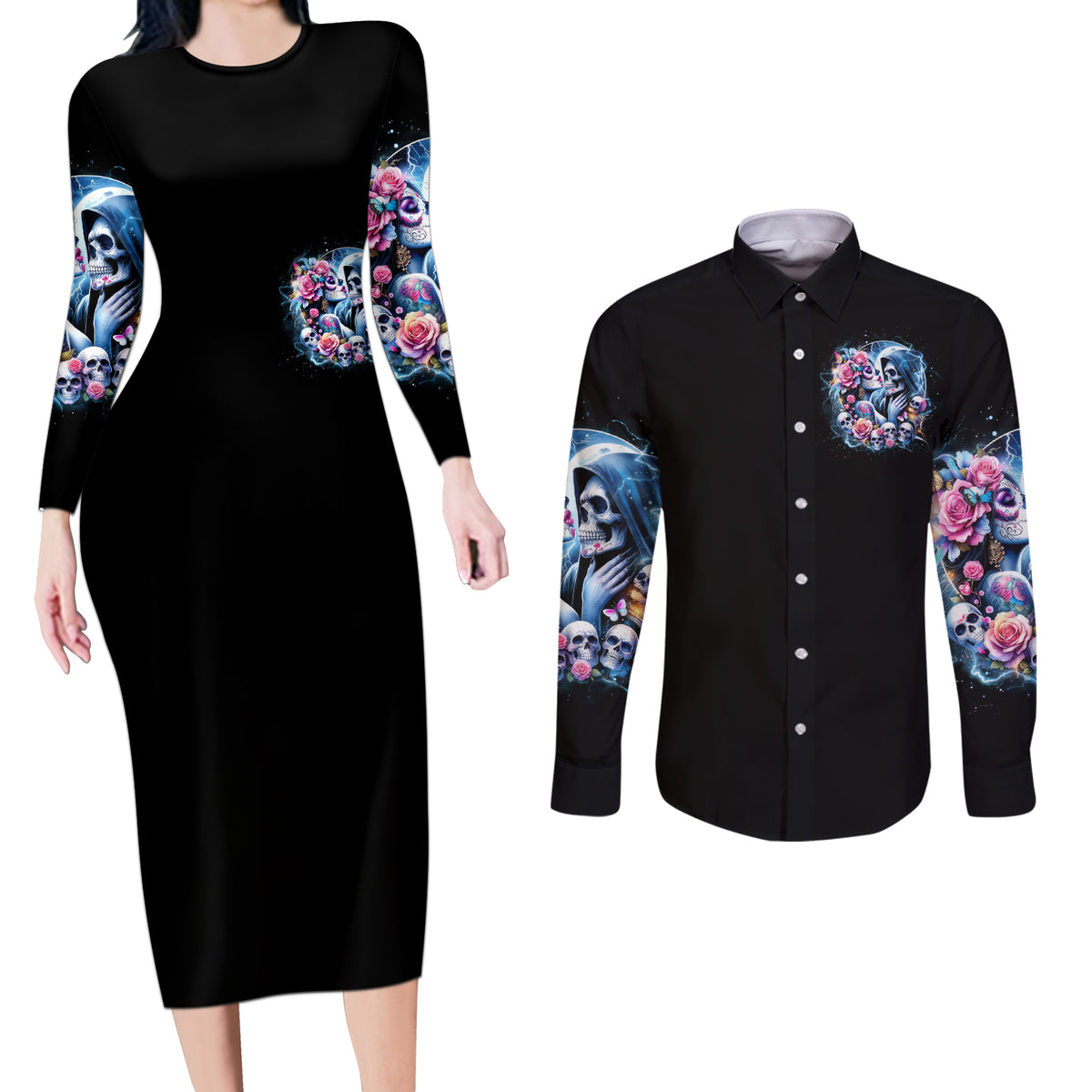 Couple Skull Couples Matching Long Sleeve Bodycon Dress and Long Sleeve Button Shirt From Our Firse Kiss - Wonder Print Shop