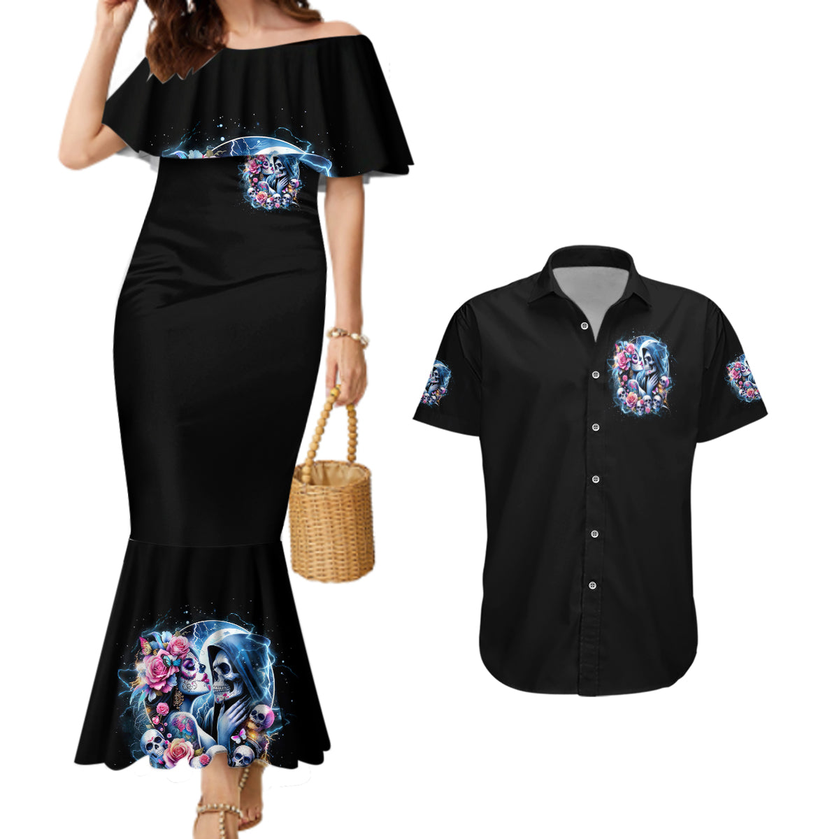 Couple Skull Couples Matching Mermaid Dress and Hawaiian Shirt From Our Firse Kiss - Wonder Print Shop