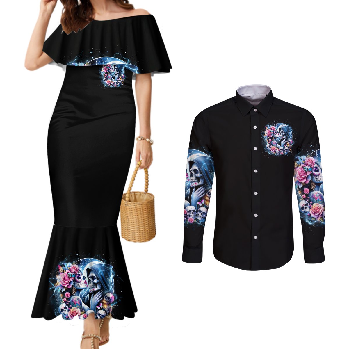 Couple Skull Couples Matching Mermaid Dress and Long Sleeve Button Shirt From Our Firse Kiss