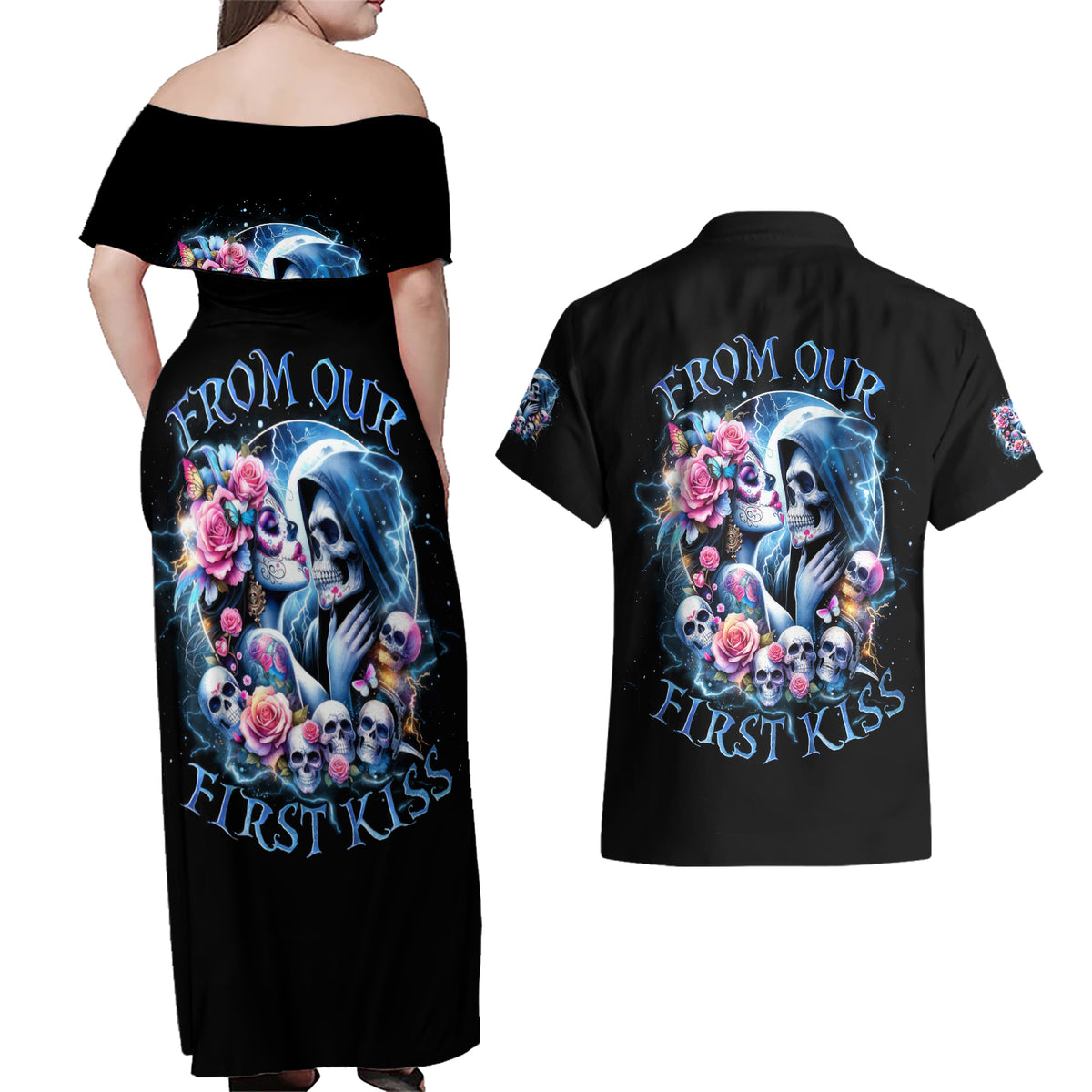 Couple Skull Couples Matching Off Shoulder Maxi Dress and Hawaiian Shirt From Our Firse Kiss - Wonder Print Shop