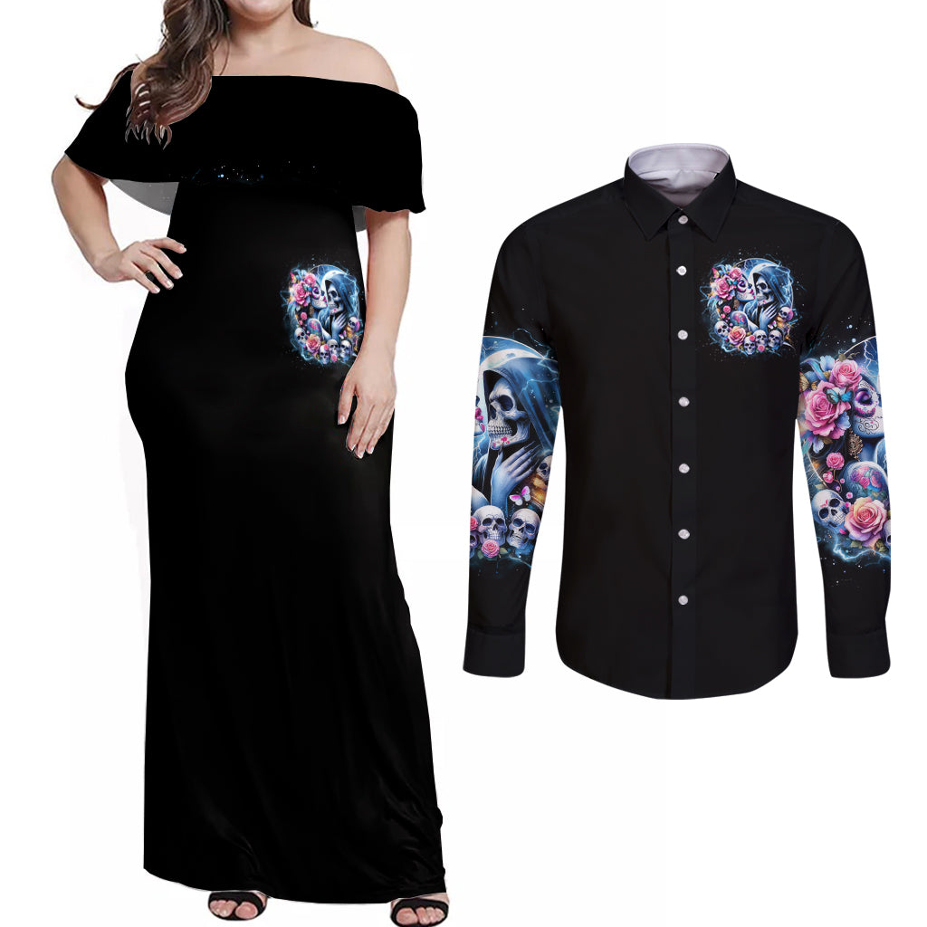 Couple Skull Couples Matching Off Shoulder Maxi Dress and Long Sleeve Button Shirt From Our Firse Kiss - Wonder Print Shop