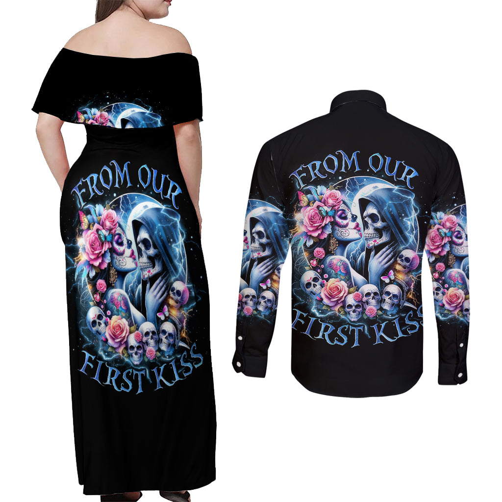 Couple Skull Couples Matching Off Shoulder Maxi Dress and Long Sleeve Button Shirt From Our Firse Kiss - Wonder Print Shop
