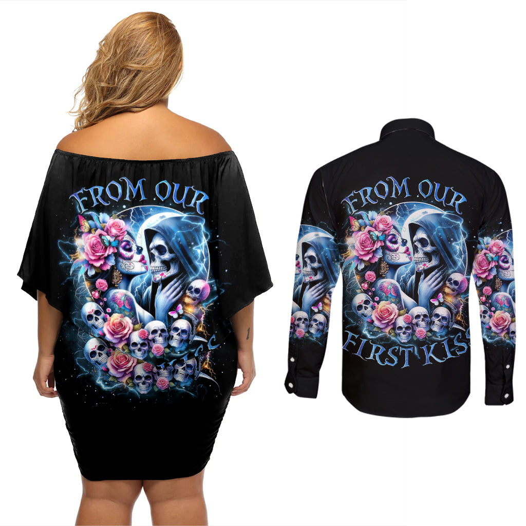 Couple Skull Couples Matching Off Shoulder Short Dress and Long Sleeve Button Shirt From Our Firse Kiss - Wonder Print Shop