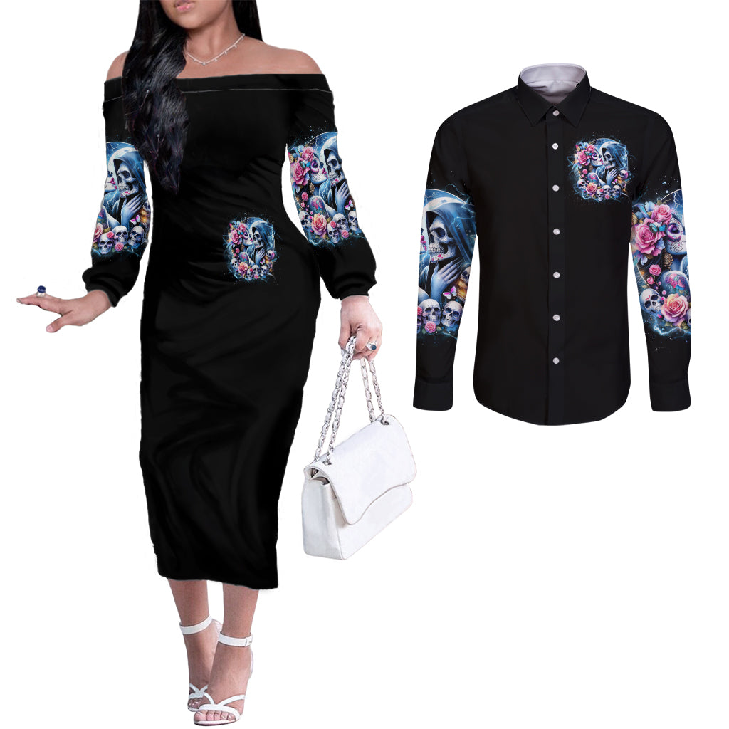 Couple Skull Couples Matching Off The Shoulder Long Sleeve Dress and Long Sleeve Button Shirt From Our Firse Kiss