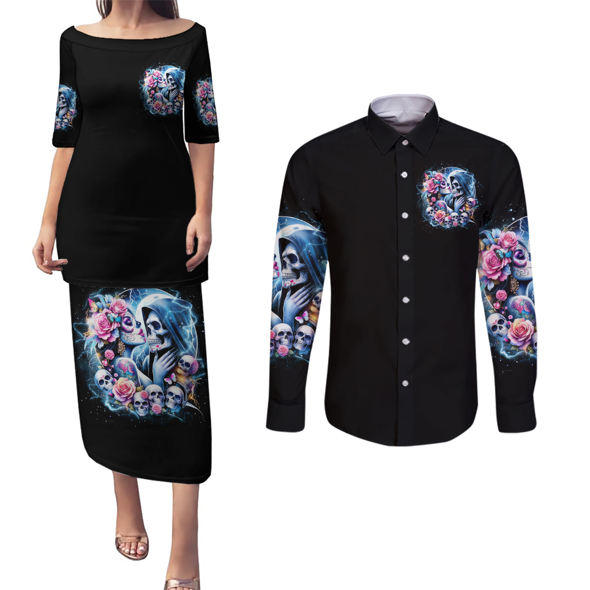 Couple Skull Couples Matching Puletasi and Long Sleeve Button Shirt From Our Firse Kiss - Wonder Print Shop
