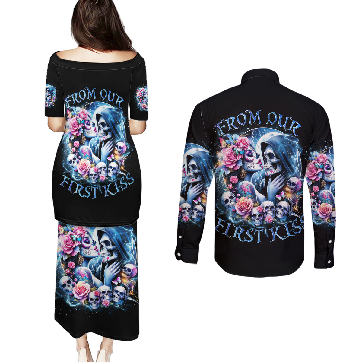 Couple Skull Couples Matching Puletasi and Long Sleeve Button Shirt From Our Firse Kiss - Wonder Print Shop