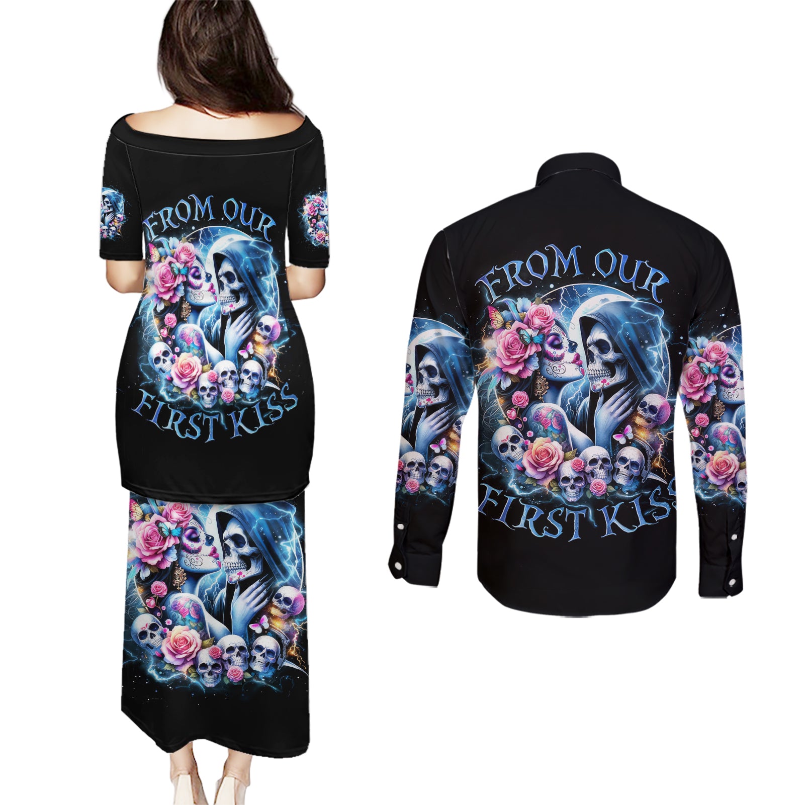 Couple Skull Couples Matching Puletasi and Long Sleeve Button Shirt From Our Firse Kiss - Wonder Print Shop