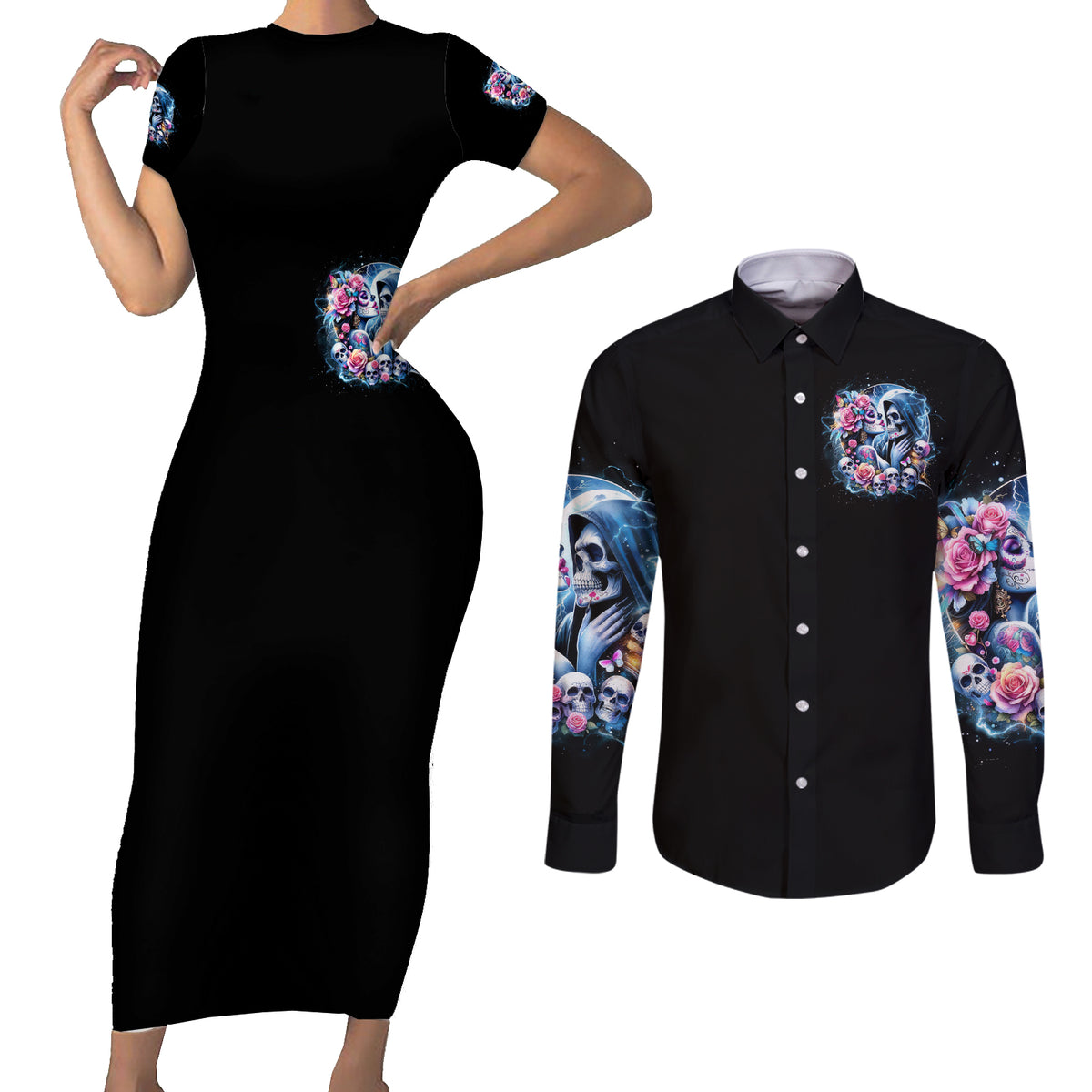 Couple Skull Couples Matching Short Sleeve Bodycon Dress and Long Sleeve Button Shirt From Our Firse Kiss - Wonder Print Shop