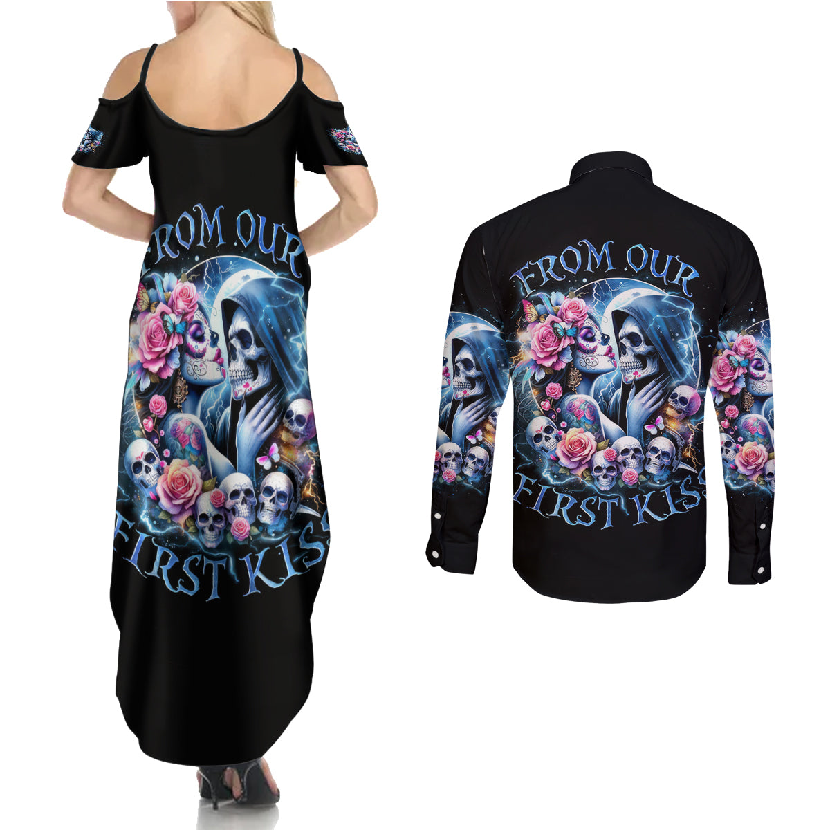 Couple Skull Couples Matching Summer Maxi Dress and Long Sleeve Button Shirt From Our Firse Kiss - Wonder Print Shop
