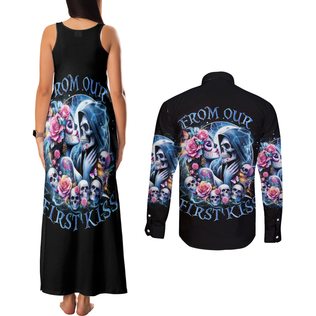 Couple Skull Couples Matching Tank Maxi Dress and Long Sleeve Button Shirt From Our Firse Kiss - Wonder Print Shop