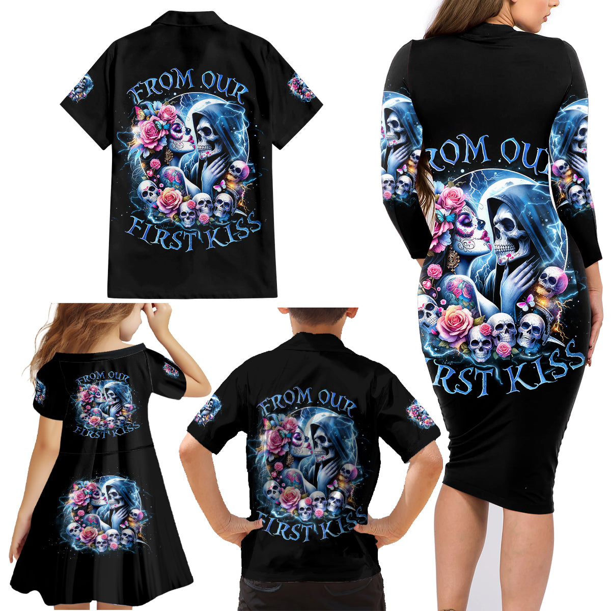 Couple Skull Family Matching Long Sleeve Bodycon Dress and Hawaiian Shirt From Our Firse Kiss - Wonder Print Shop