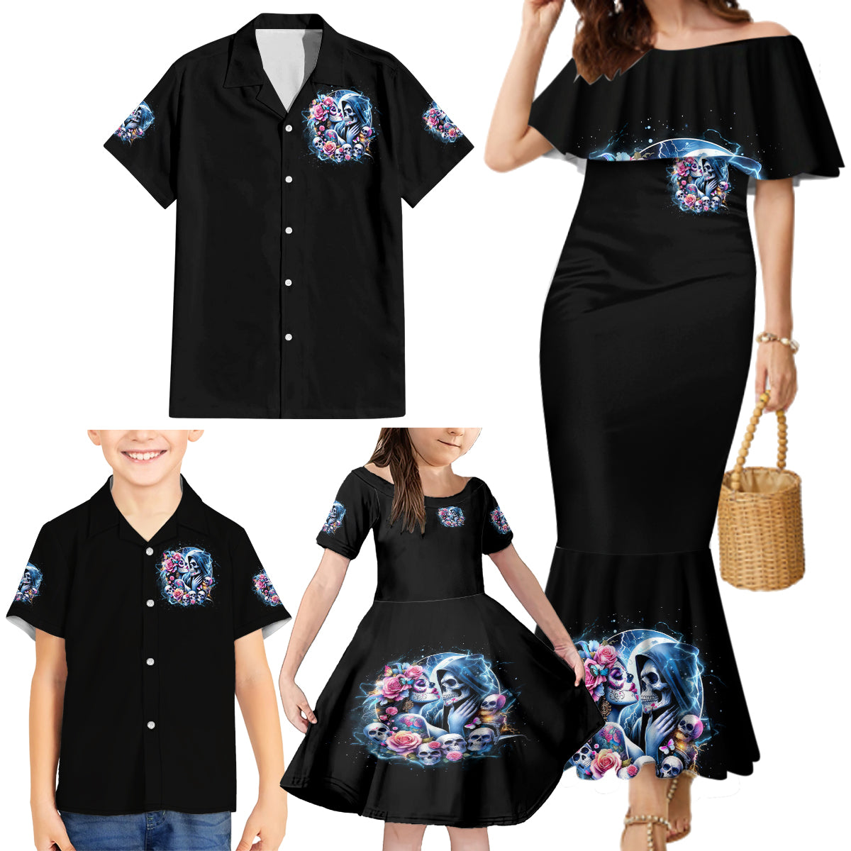 Couple Skull Family Matching Mermaid Dress and Hawaiian Shirt From Our Firse Kiss - Wonder Print Shop