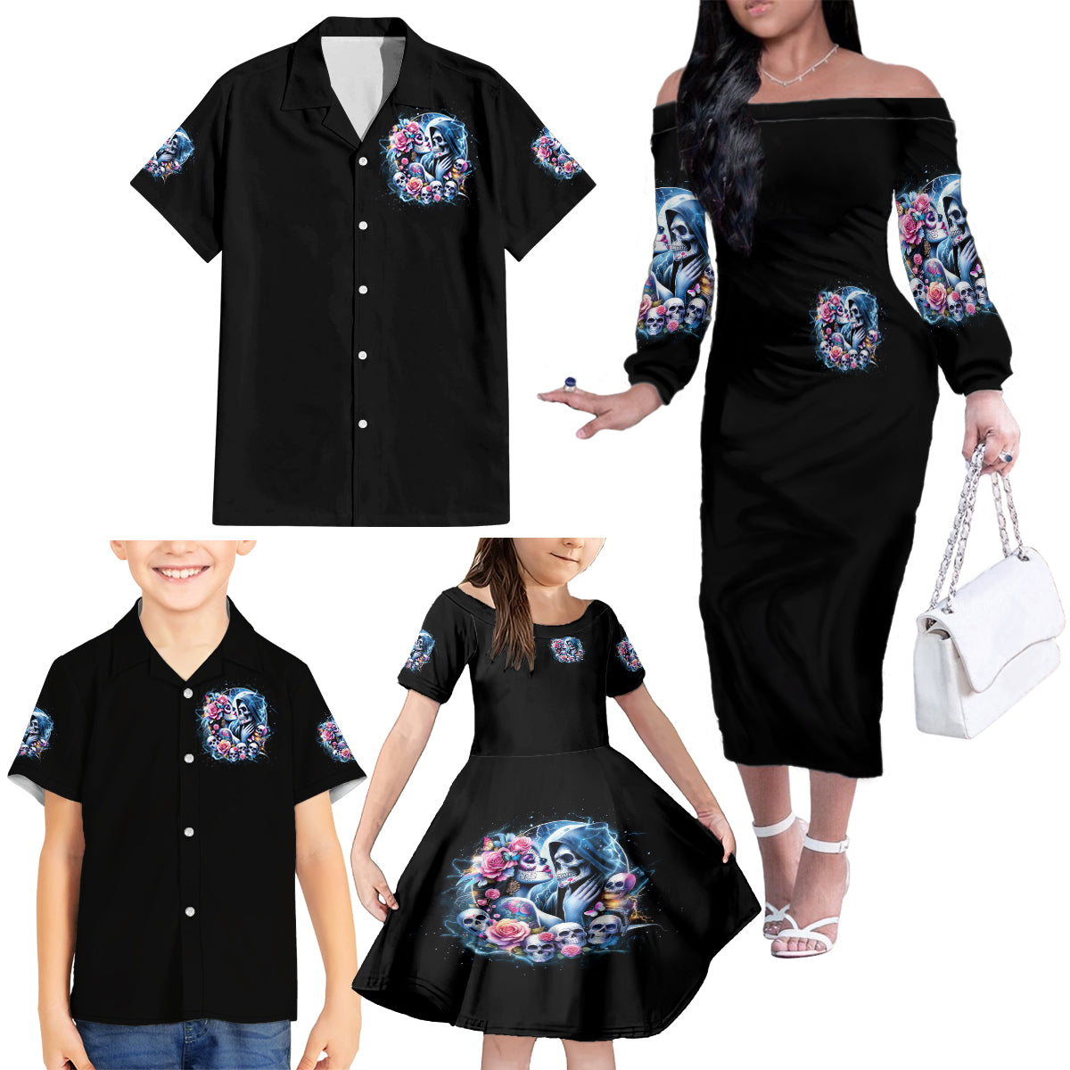 Couple Skull Family Matching Off Shoulder Long Sleeve Dress and Hawaiian Shirt From Our Firse Kiss - Wonder Print Shop