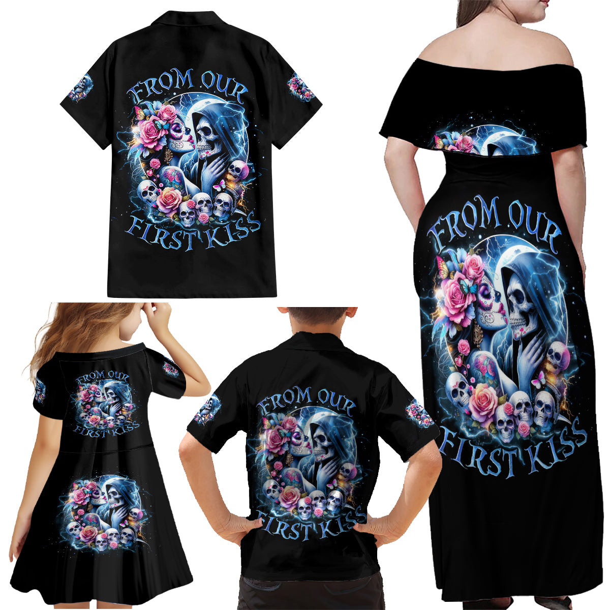 Couple Skull Family Matching Off Shoulder Maxi Dress and Hawaiian Shirt From Our Firse Kiss - Wonder Print Shop