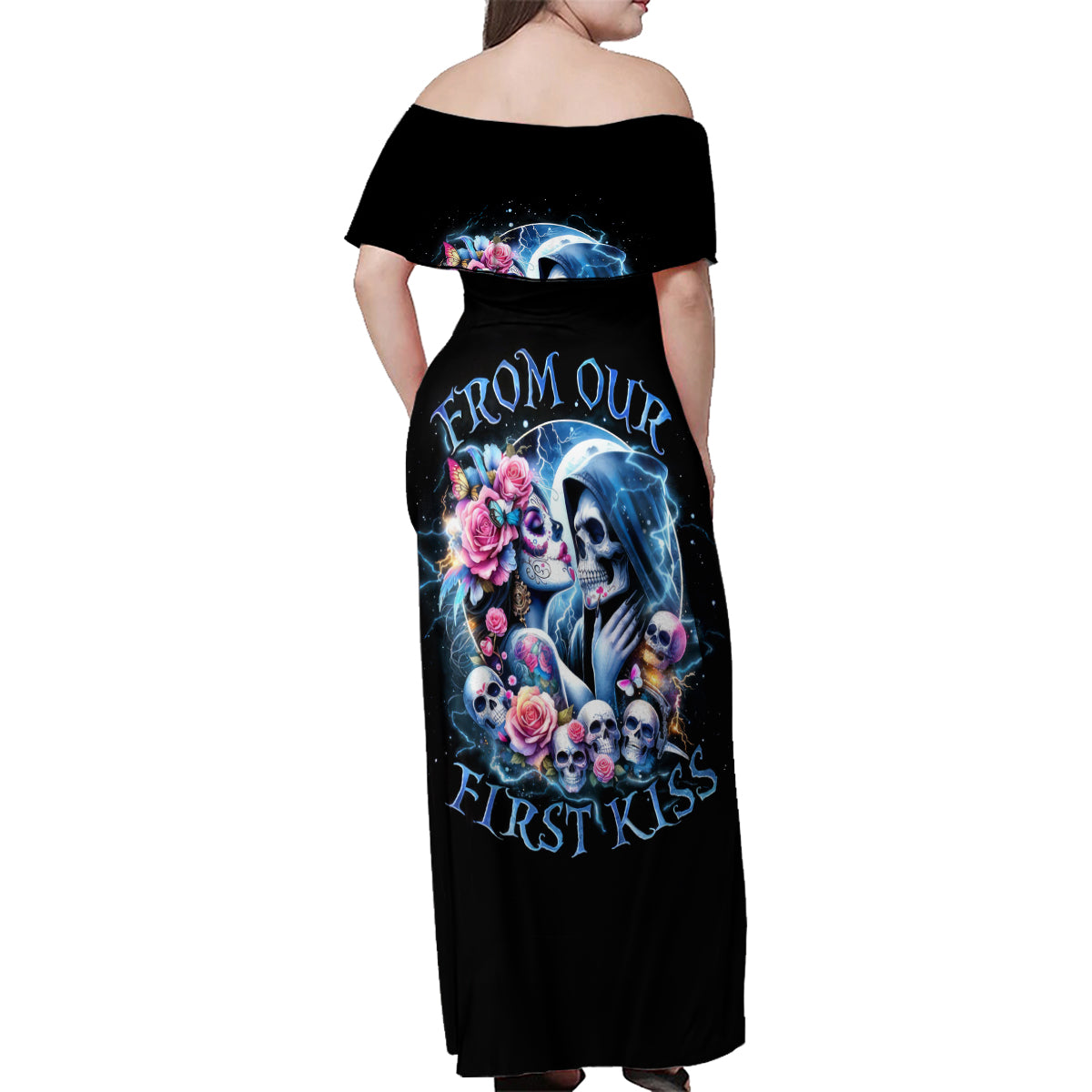 Couple Skull Family Matching Off Shoulder Maxi Dress and Hawaiian Shirt From Our Firse Kiss - Wonder Print Shop
