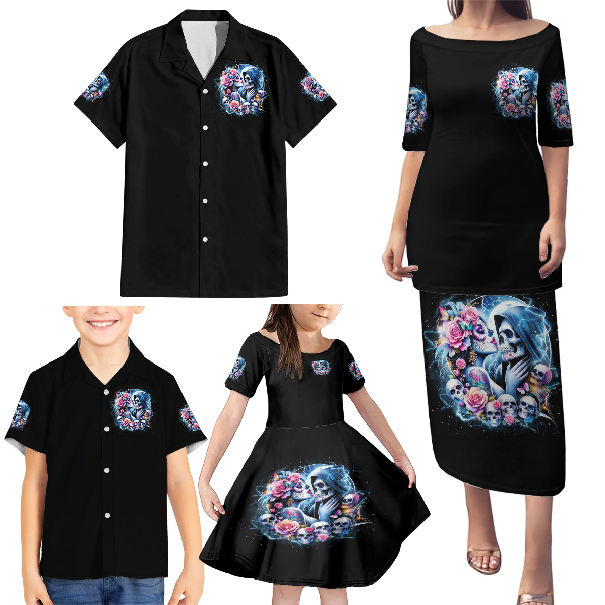 Couple Skull Family Matching Puletasi and Hawaiian Shirt From Our Firse Kiss - Wonder Print Shop