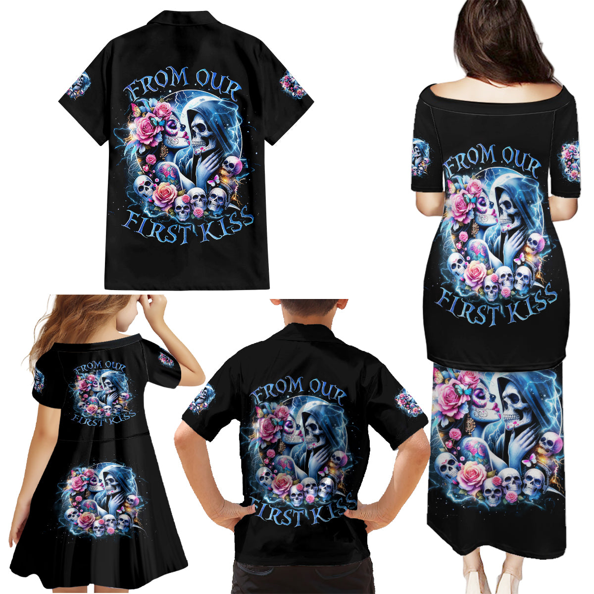 Couple Skull Family Matching Puletasi and Hawaiian Shirt From Our Firse Kiss - Wonder Print Shop