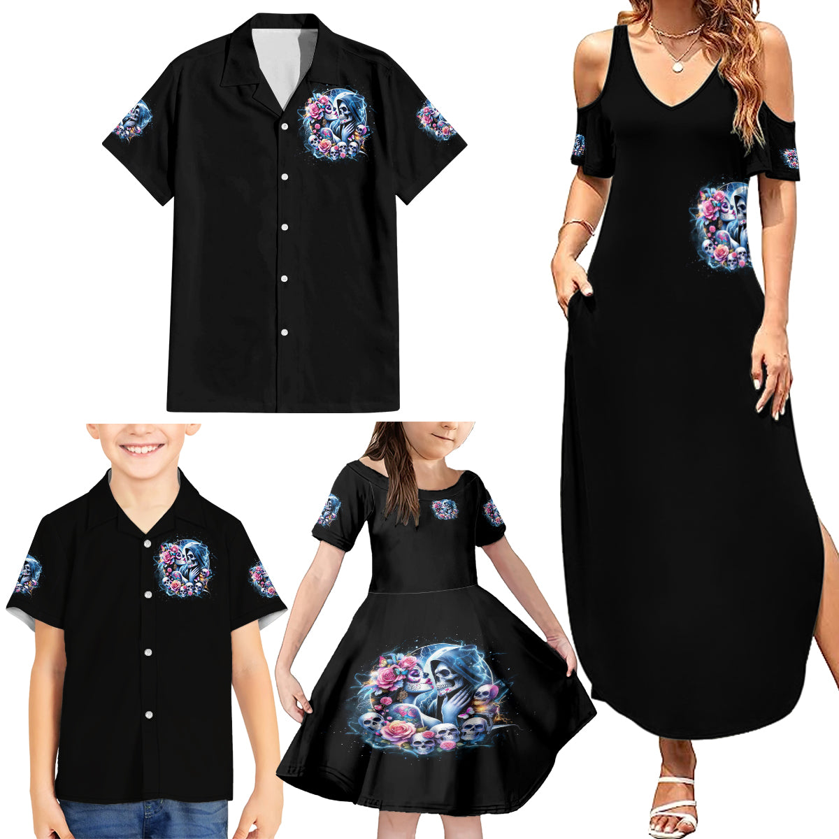 Couple Skull Family Matching Summer Maxi Dress and Hawaiian Shirt From Our Firse Kiss - Wonder Print Shop