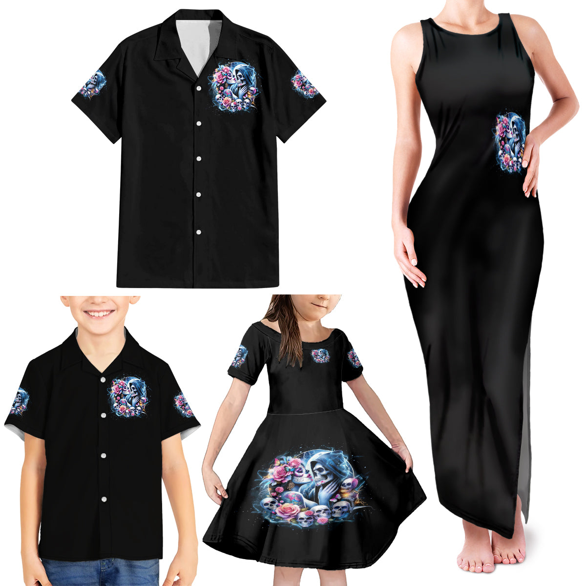 Couple Skull Family Matching Tank Maxi Dress and Hawaiian Shirt From Our Firse Kiss - Wonder Print Shop