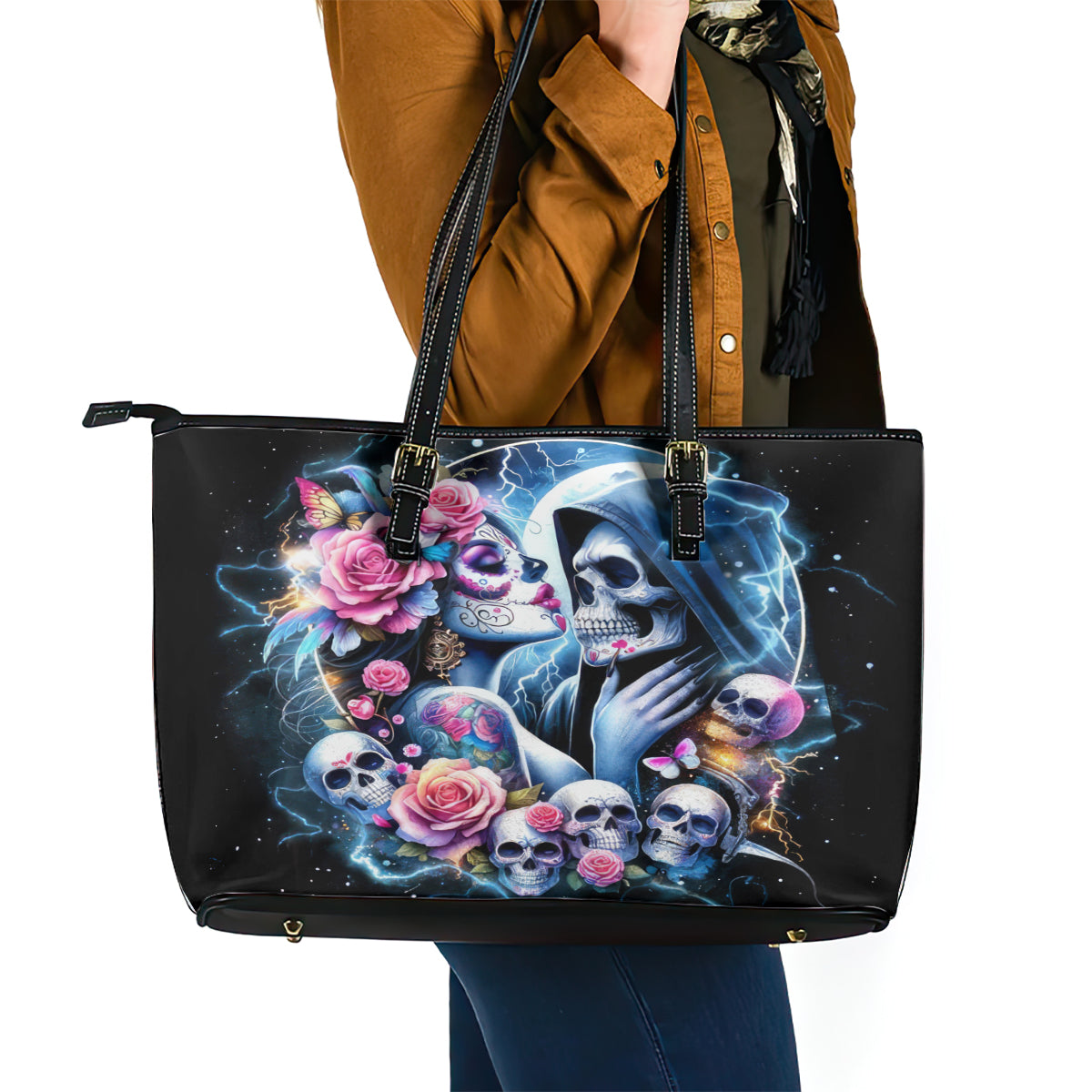 Couple Skull Leather Tote Bag From Our Firse Kiss - Wonder Print Shop