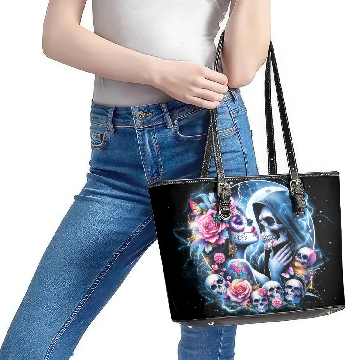 Couple Skull Leather Tote Bag From Our Firse Kiss - Wonder Print Shop