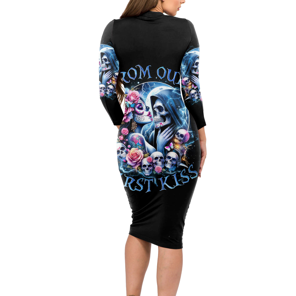 Couple Skull Long Sleeve Bodycon Dress From Our Firse Kiss - Wonder Print Shop