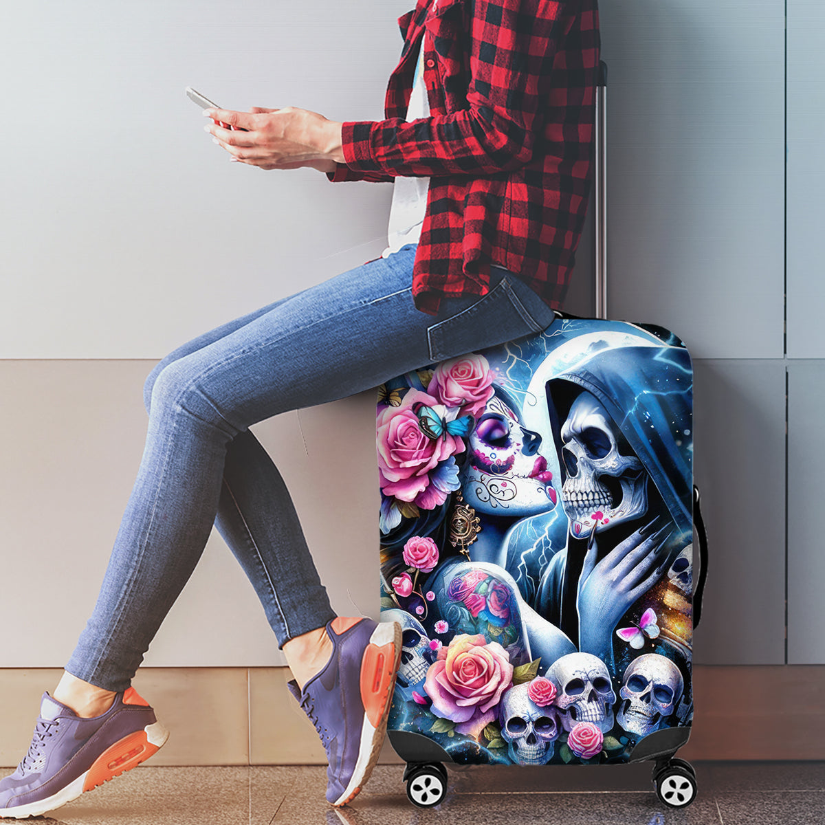 Couple Skull Luggage Cover From Our Firse Kiss - Wonder Print Shop
