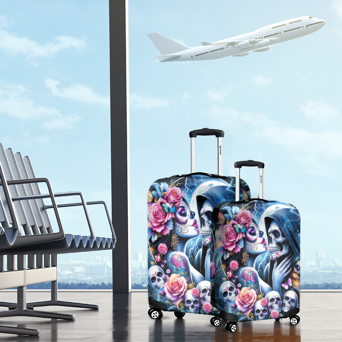 Couple Skull Luggage Cover From Our Firse Kiss - Wonder Print Shop