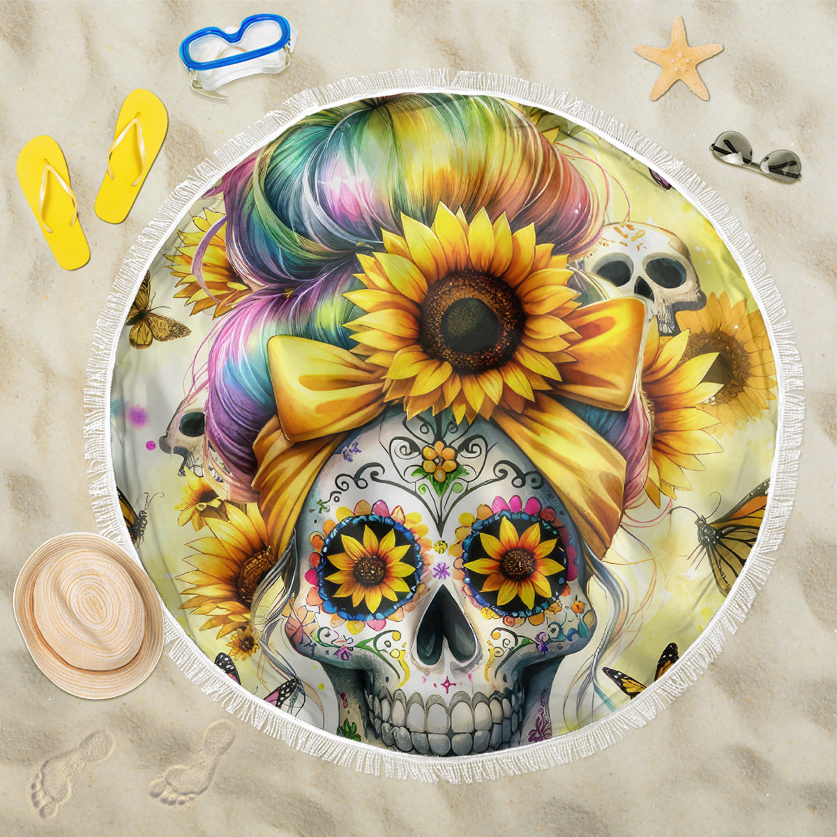 Sunflower Skull Beach Blanket She Is Sunshine Mixed With A Little Hurricane - Wonder Print Shop
