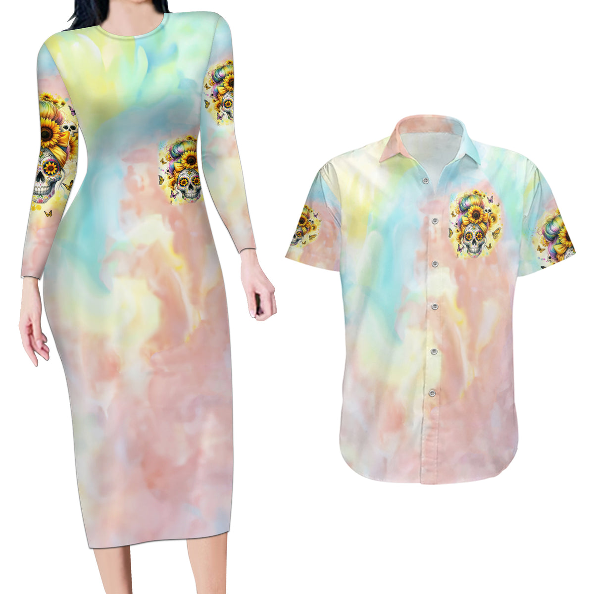Sunflower Skull Couples Matching Long Sleeve Bodycon Dress and Hawaiian Shirt She Is Sunshine Mixed With A Little Hurricane - Wonder Print Shop