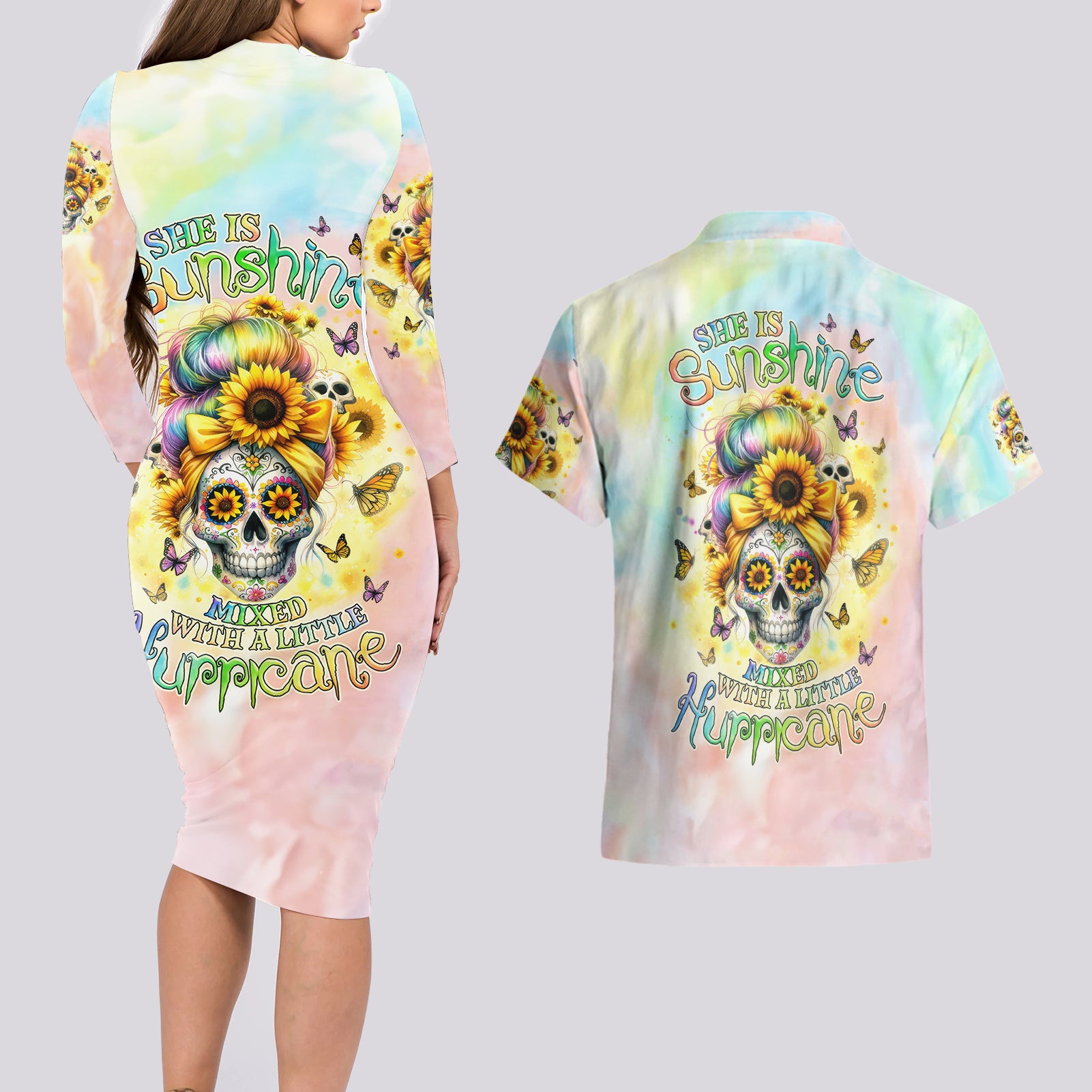 Sunflower Skull Couples Matching Long Sleeve Bodycon Dress and Hawaiian Shirt She Is Sunshine Mixed With A Little Hurricane - Wonder Print Shop
