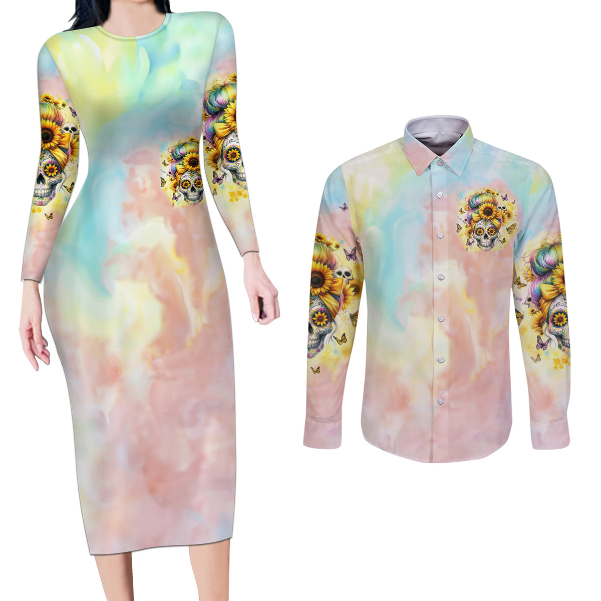 Sunflower Skull Couples Matching Long Sleeve Bodycon Dress and Long Sleeve Button Shirt She Is Sunshine Mixed With A Little Hurricane - Wonder Print Shop