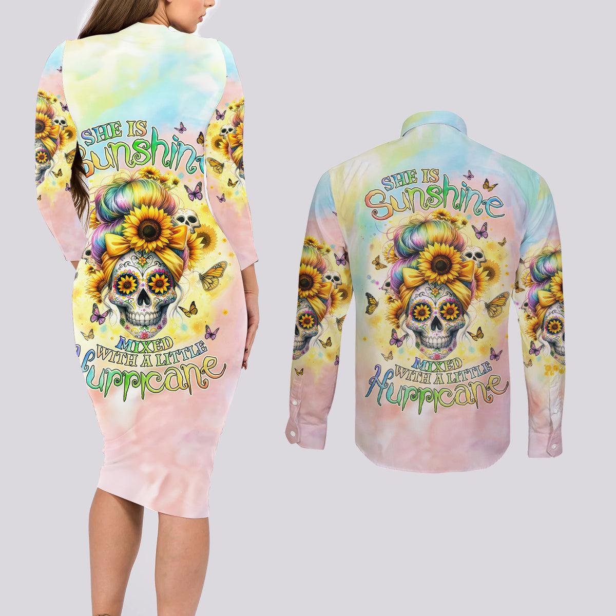 Sunflower Skull Couples Matching Long Sleeve Bodycon Dress and Long Sleeve Button Shirt She Is Sunshine Mixed With A Little Hurricane - Wonder Print Shop
