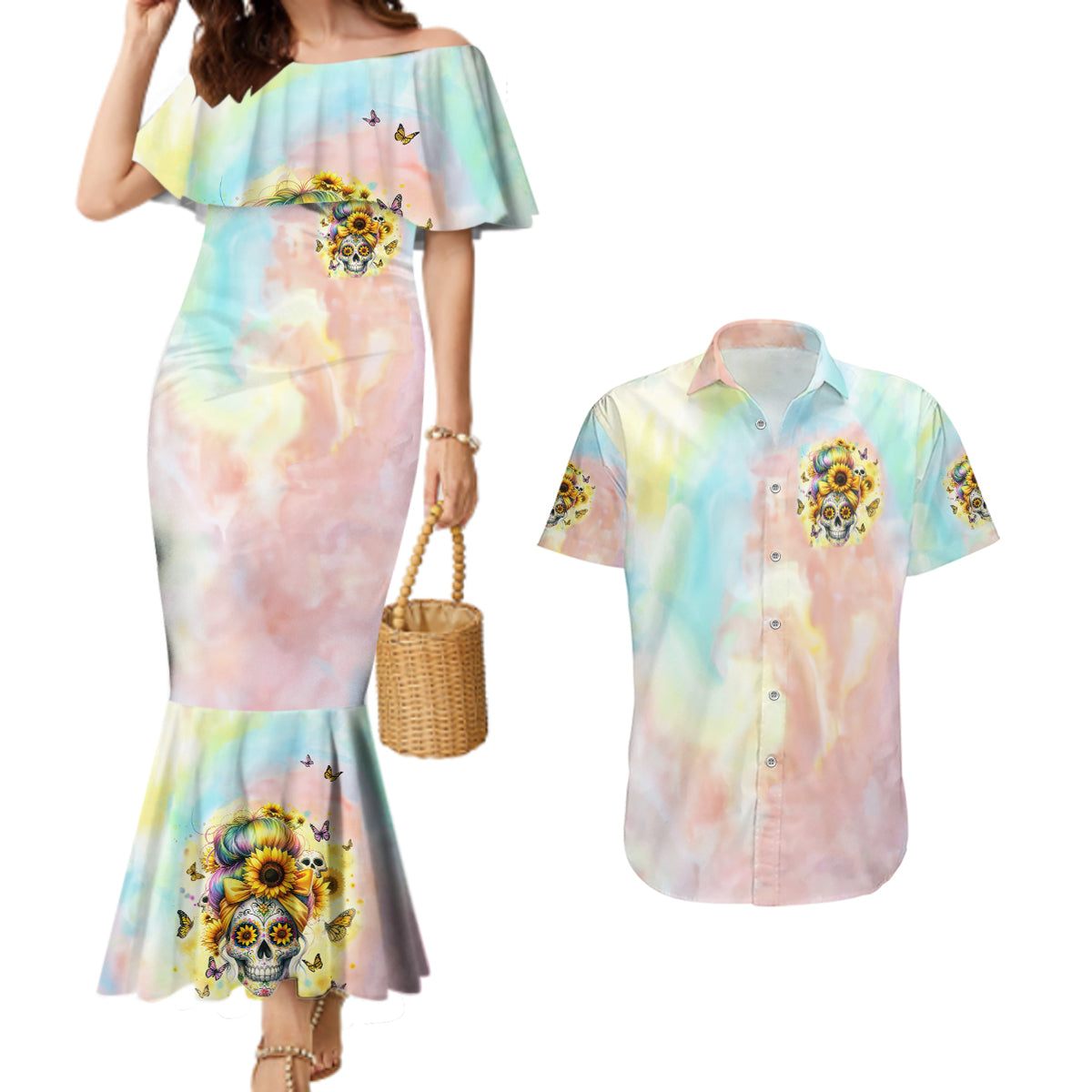 Sunflower Skull Couples Matching Mermaid Dress and Hawaiian Shirt She Is Sunshine Mixed With A Little Hurricane - Wonder Print Shop