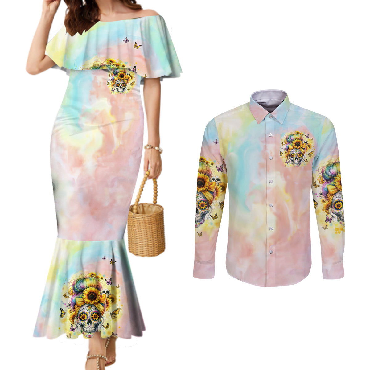 Sunflower Skull Couples Matching Mermaid Dress and Long Sleeve Button Shirt She Is Sunshine Mixed With A Little Hurricane