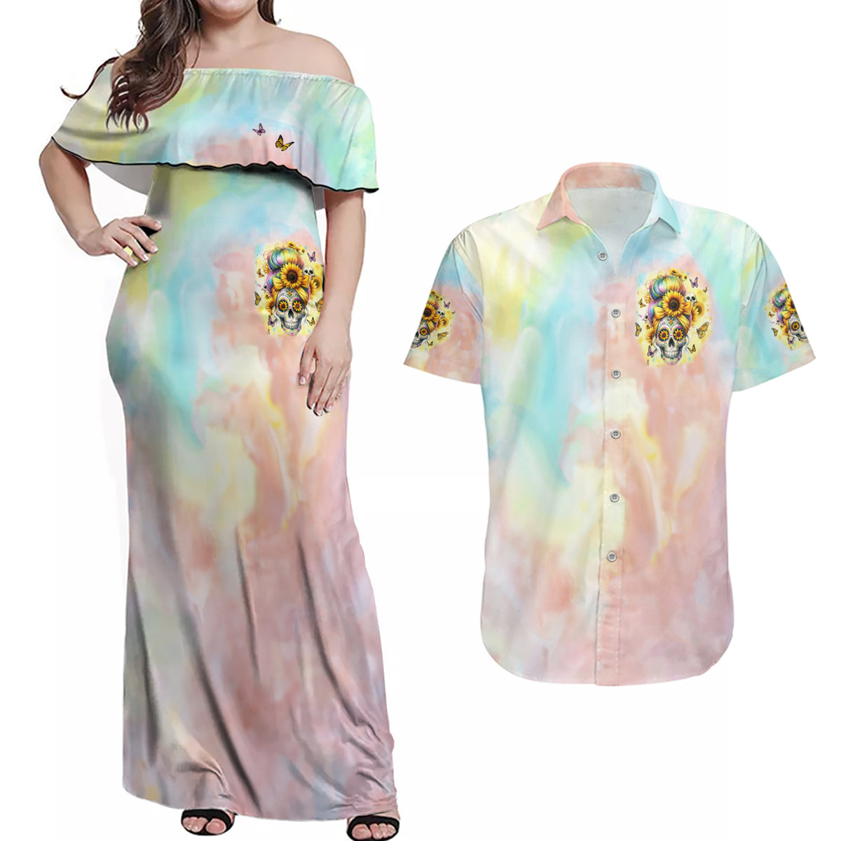 Sunflower Skull Couples Matching Off Shoulder Maxi Dress and Hawaiian Shirt She Is Sunshine Mixed With A Little Hurricane - Wonder Print Shop