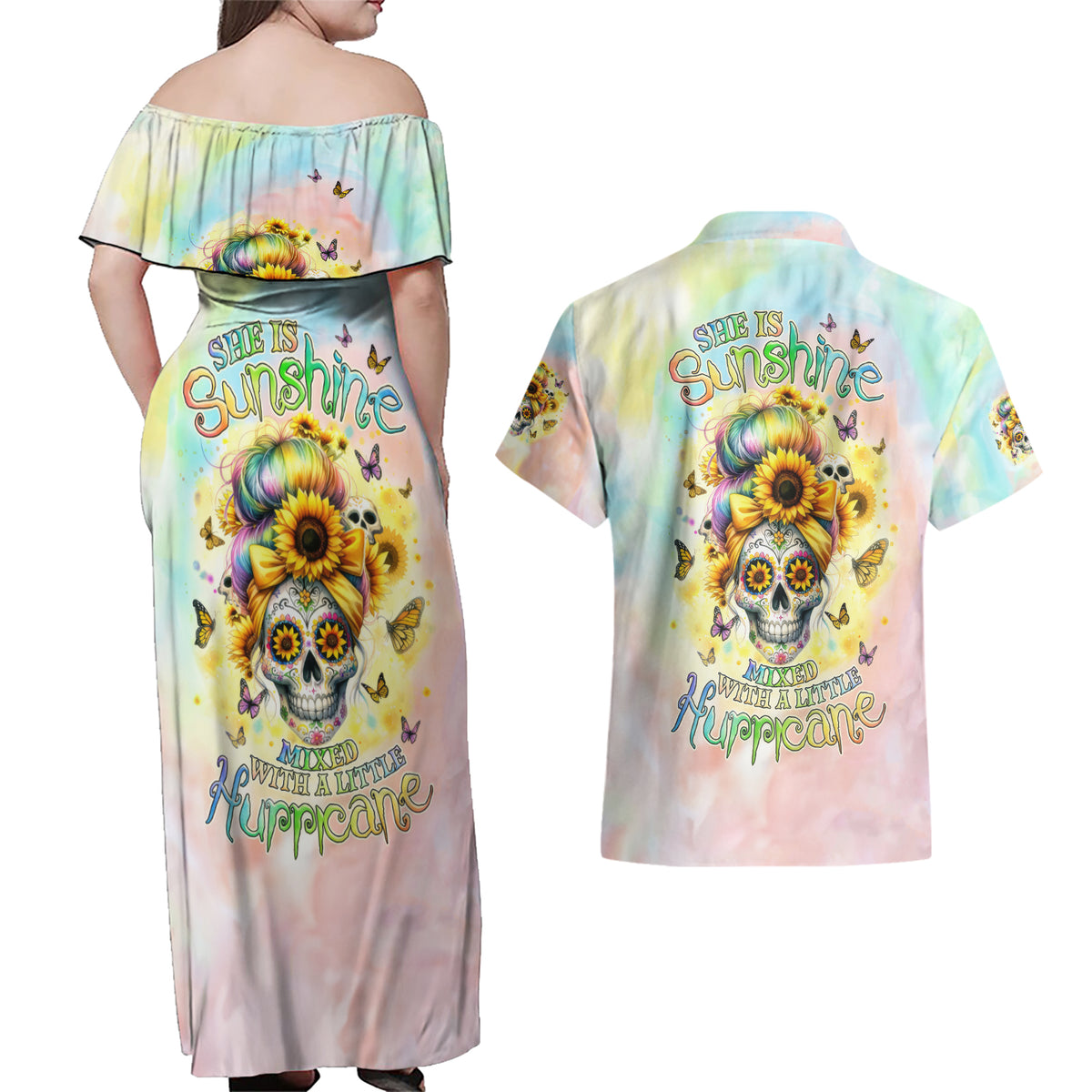 Sunflower Skull Couples Matching Off Shoulder Maxi Dress and Hawaiian Shirt She Is Sunshine Mixed With A Little Hurricane - Wonder Print Shop