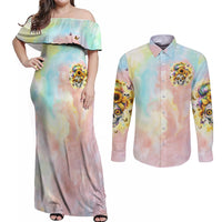 Sunflower Skull Couples Matching Off Shoulder Maxi Dress and Long Sleeve Button Shirt She Is Sunshine Mixed With A Little Hurricane - Wonder Print Shop