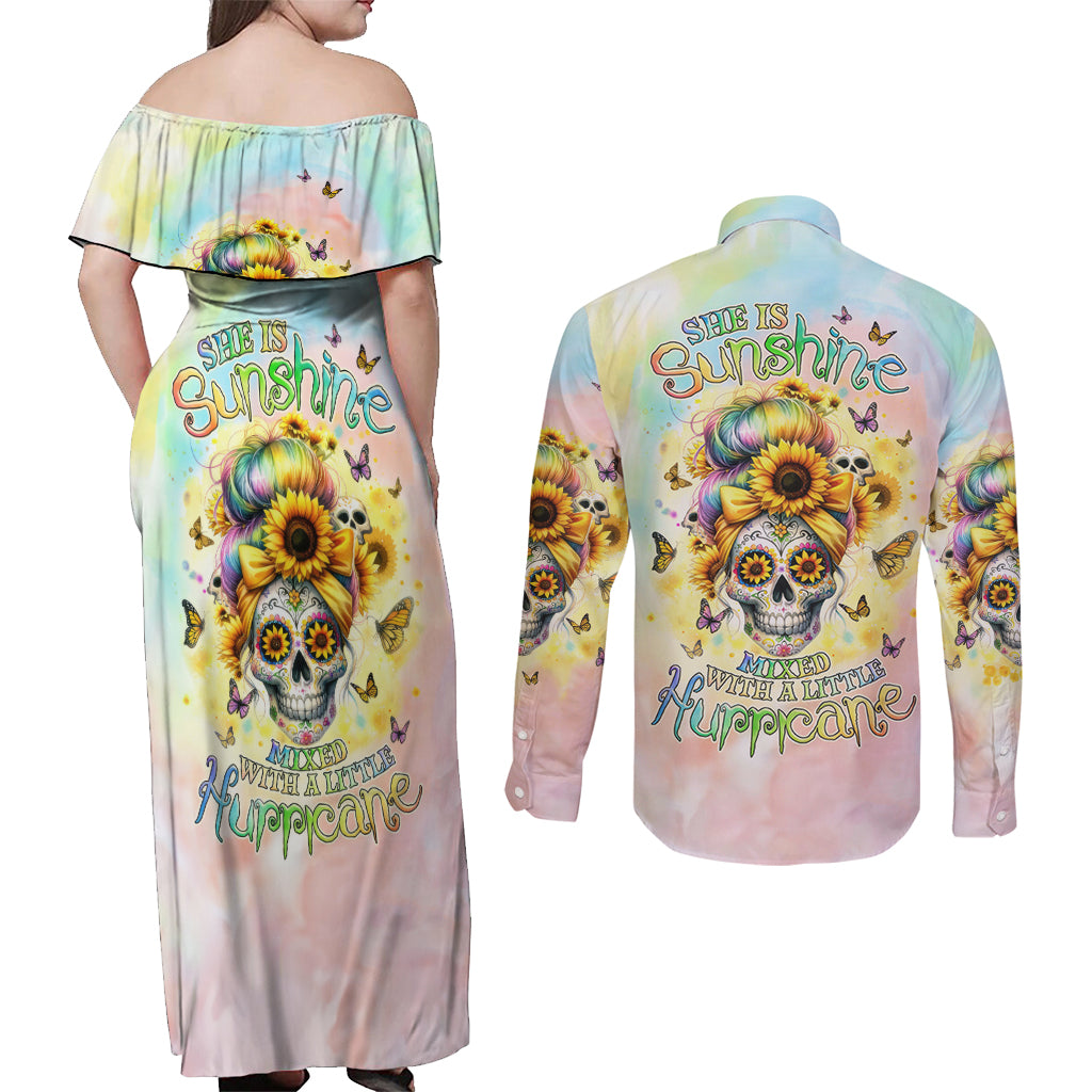 Sunflower Skull Couples Matching Off Shoulder Maxi Dress and Long Sleeve Button Shirt She Is Sunshine Mixed With A Little Hurricane - Wonder Print Shop
