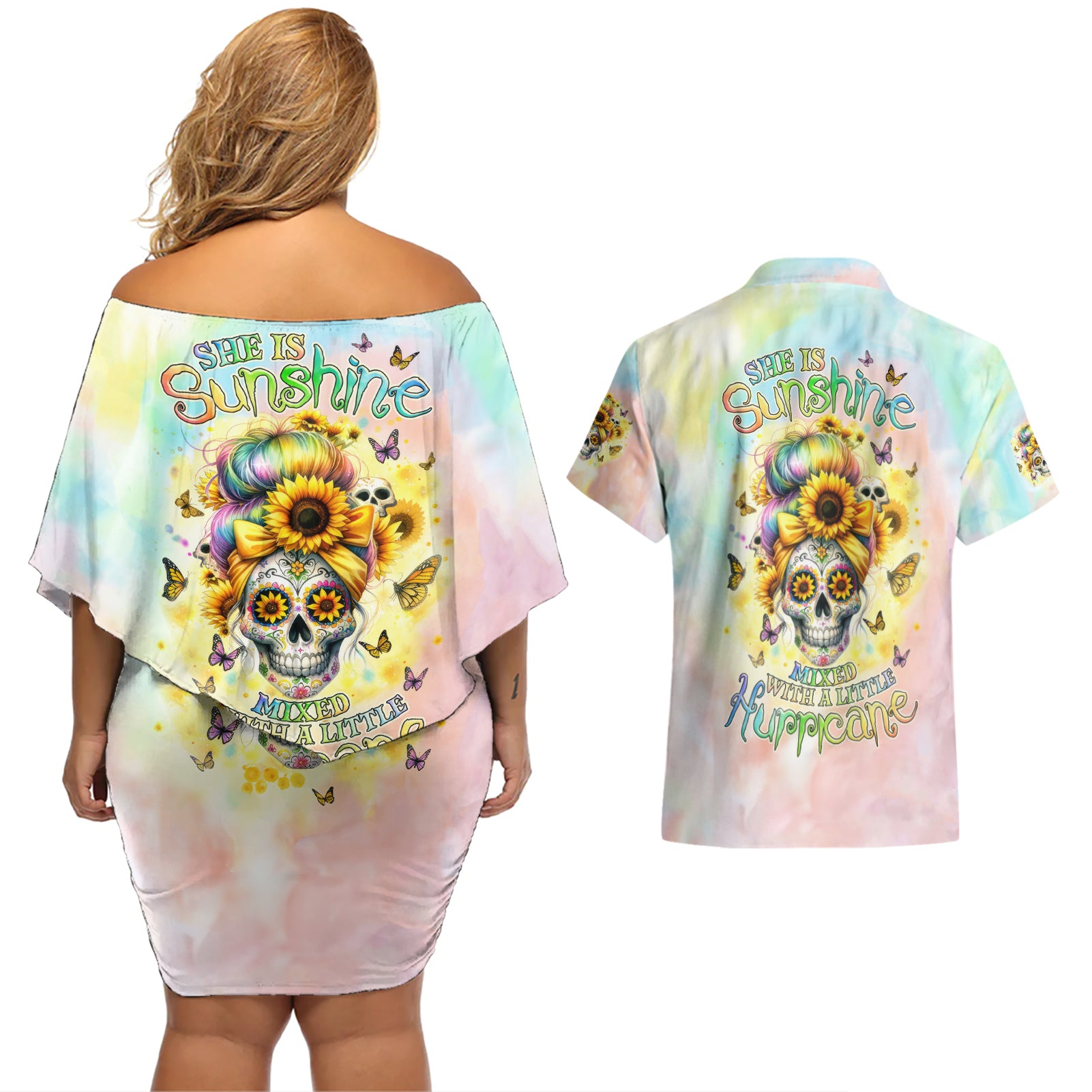 Sunflower Skull Couples Matching Off Shoulder Short Dress and Hawaiian Shirt She Is Sunshine Mixed With A Little Hurricane - Wonder Print Shop