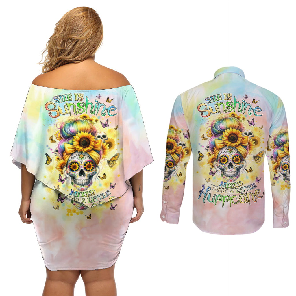 Sunflower Skull Couples Matching Off Shoulder Short Dress and Long Sleeve Button Shirt She Is Sunshine Mixed With A Little Hurricane - Wonder Print Shop